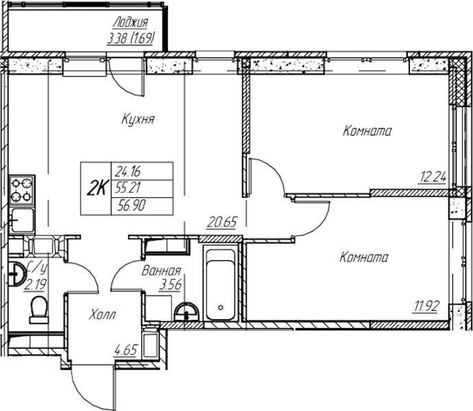 2-комнатная квартира 56.9 м², 13/22 эт., ЖК «Парк-квартал Юнтолово»